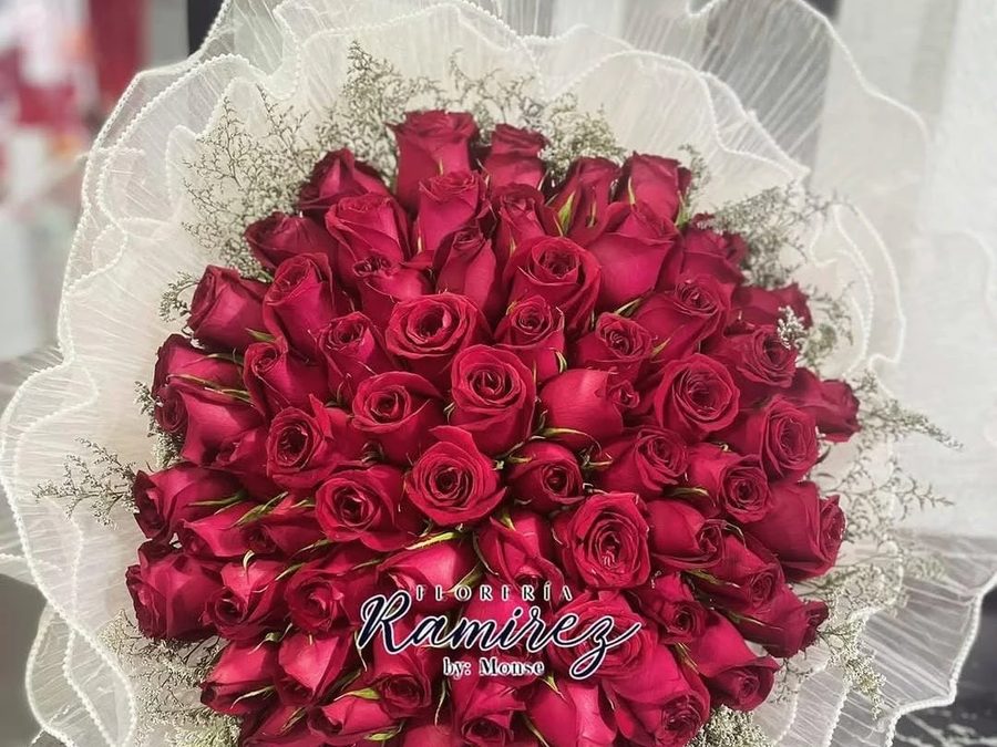 Ramo de rosas rojas con envoltura blanca